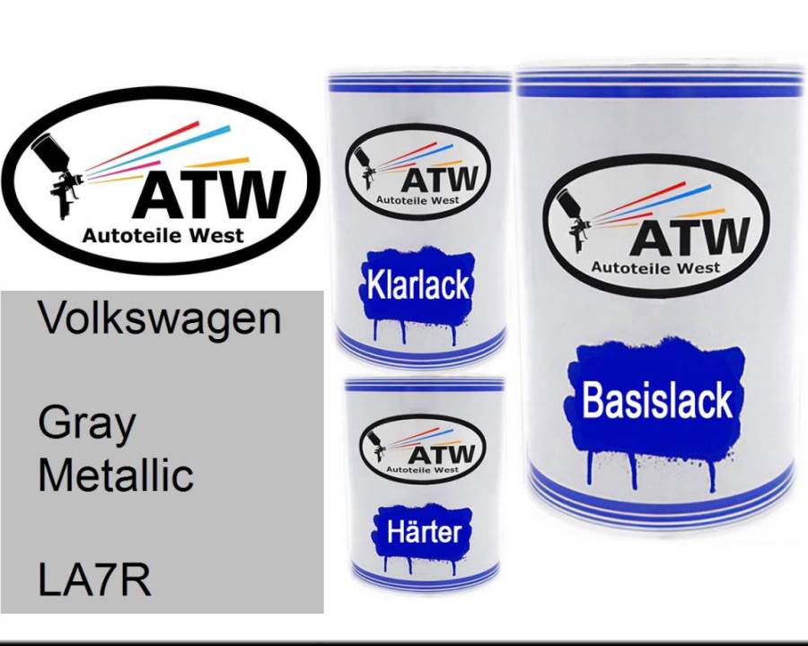 Volkswagen, Gray Metallic, LA7R: 500ml Lackdose + 500ml Klarlack + 250ml Härter - Set, von ATW Autoteile West.